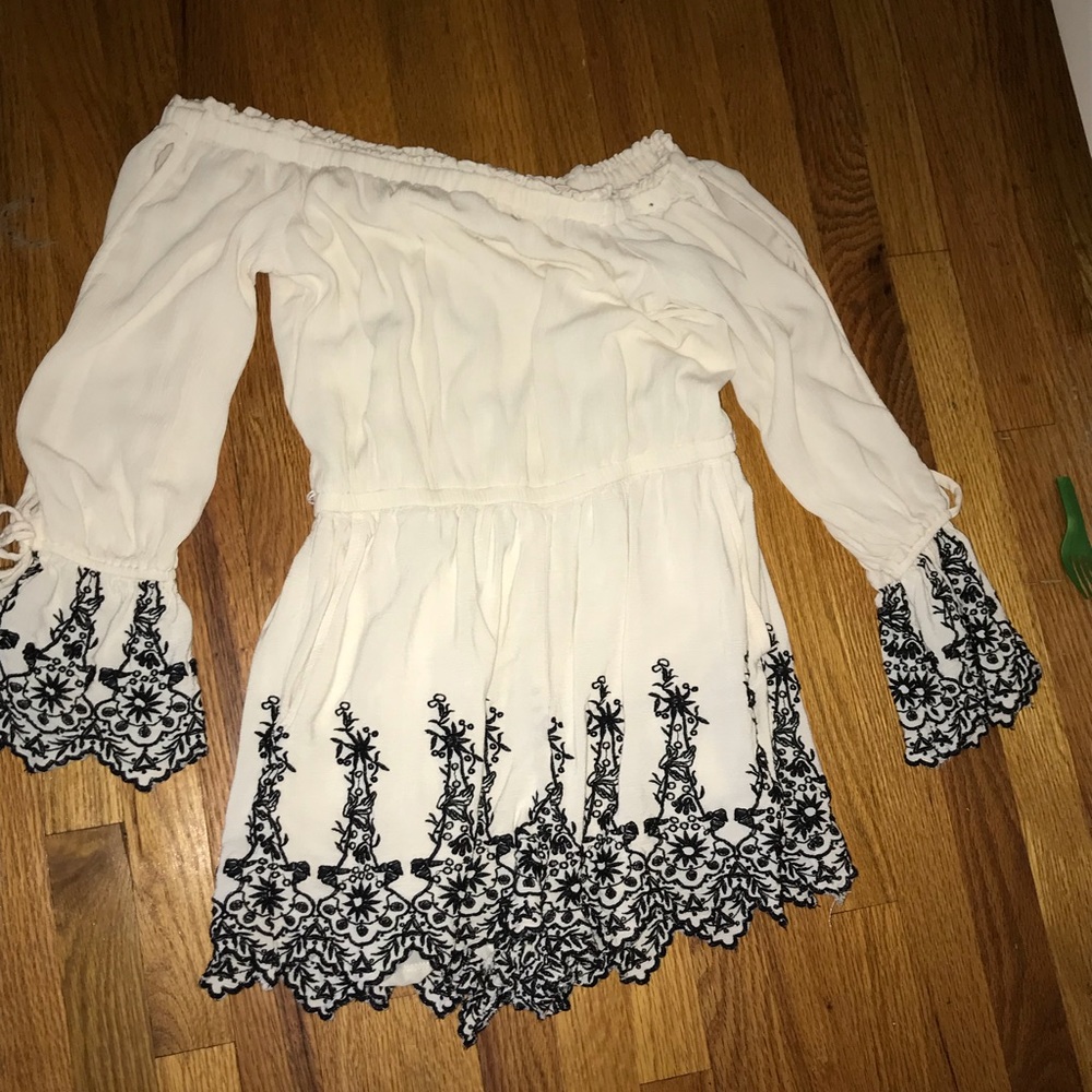 White and black eyelet lace romper